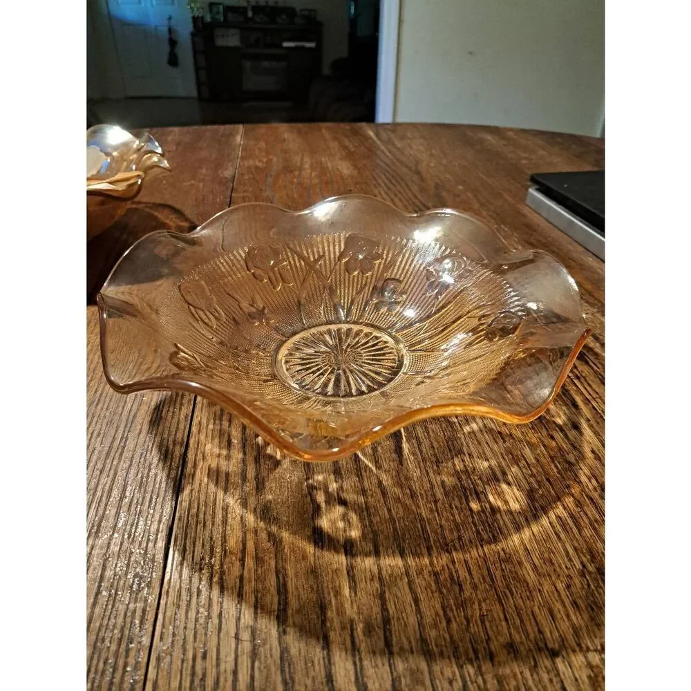 Vintage Jeanette Iris Herringbone Marigold Carnival Glass Ruffled Serving Bowl